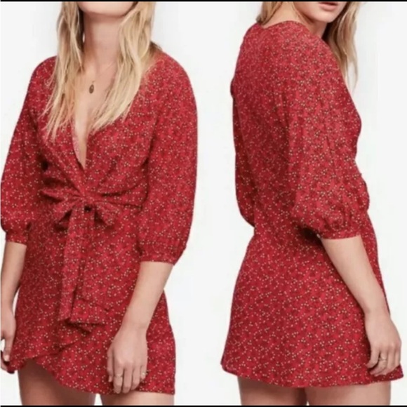 Free People Clara Tunic Top Mini Wrap Dress Floral Print Red XS - Picture 1 of 7